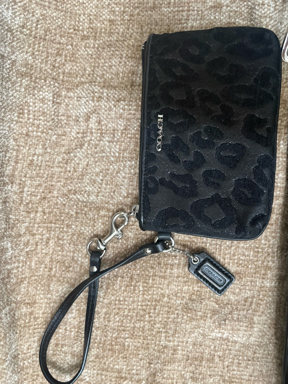 Coach Madison Chenille Ocelot Wristlet Black with Silver Hardware